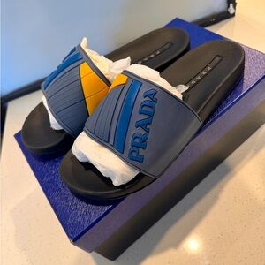Prada Slides-size 10UK. Blue, Black, Yellow. Good Condition.